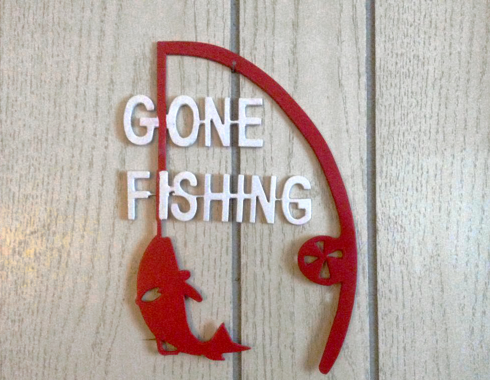 24 in. Metal Gone Fishing Decor Sign with 3D Fish in Bobber shape lake cabin